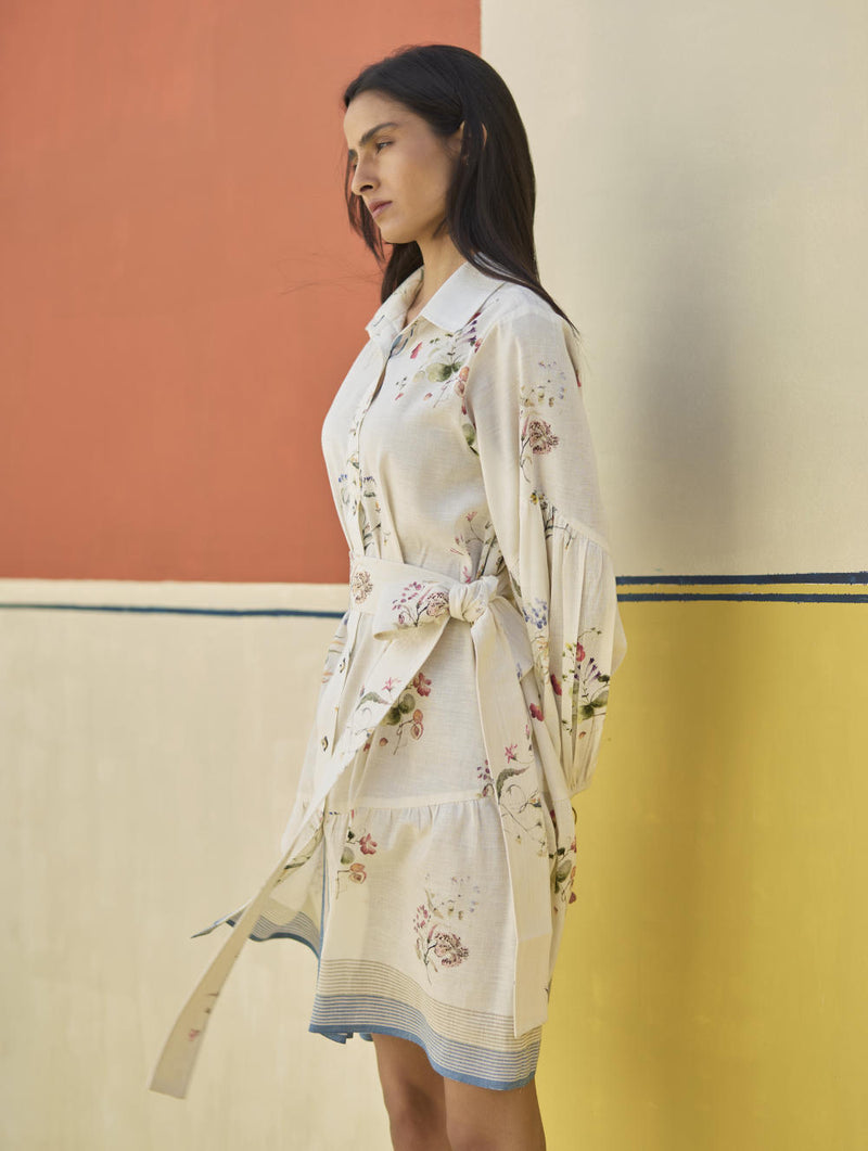 Alara Floral Shirt Dress - Ivory linen by Manan in ivory color for women in Singapore