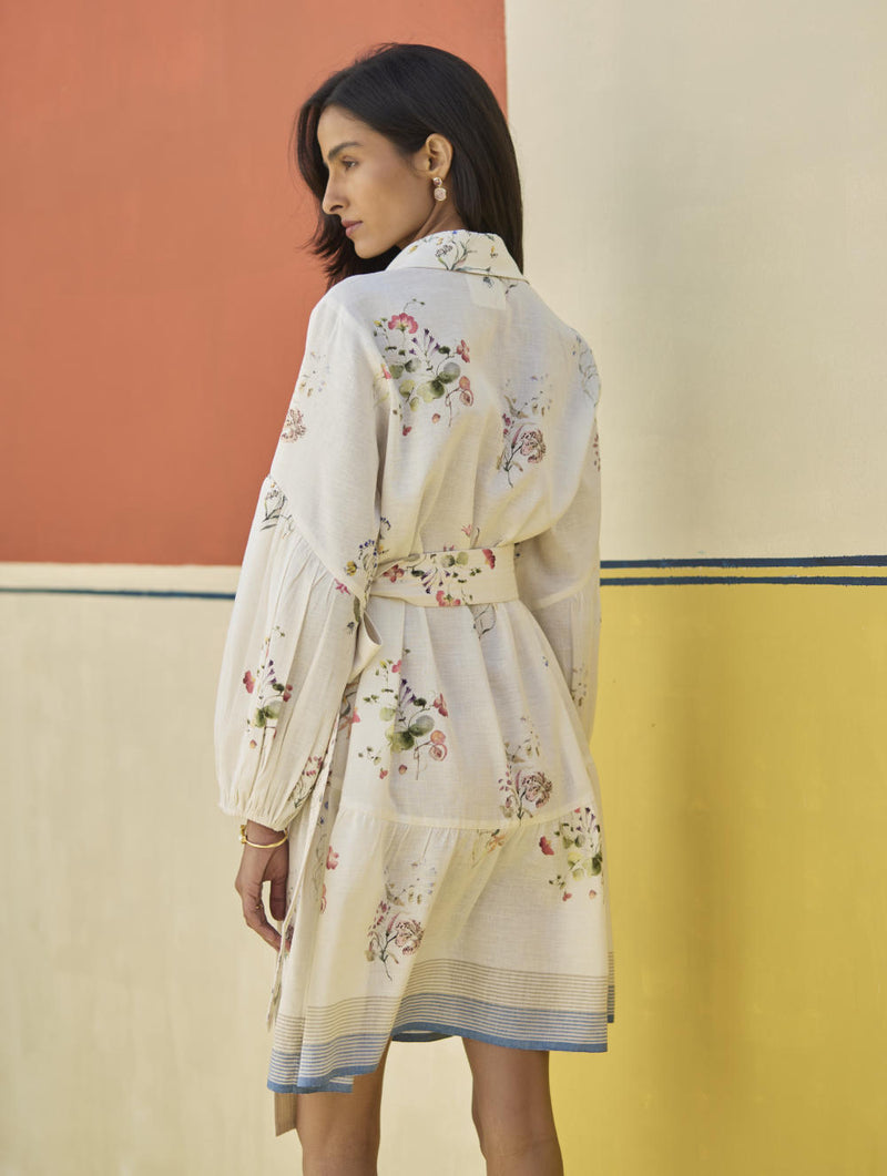 Alara Floral Shirt Dress - Ivory linen by Manan in ivory color for women in Singapore