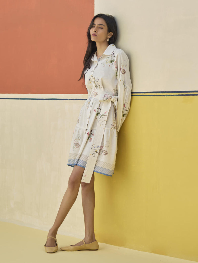 Alara Floral Shirt Dress - Ivory linen by Manan in ivory color for women in Singapore
