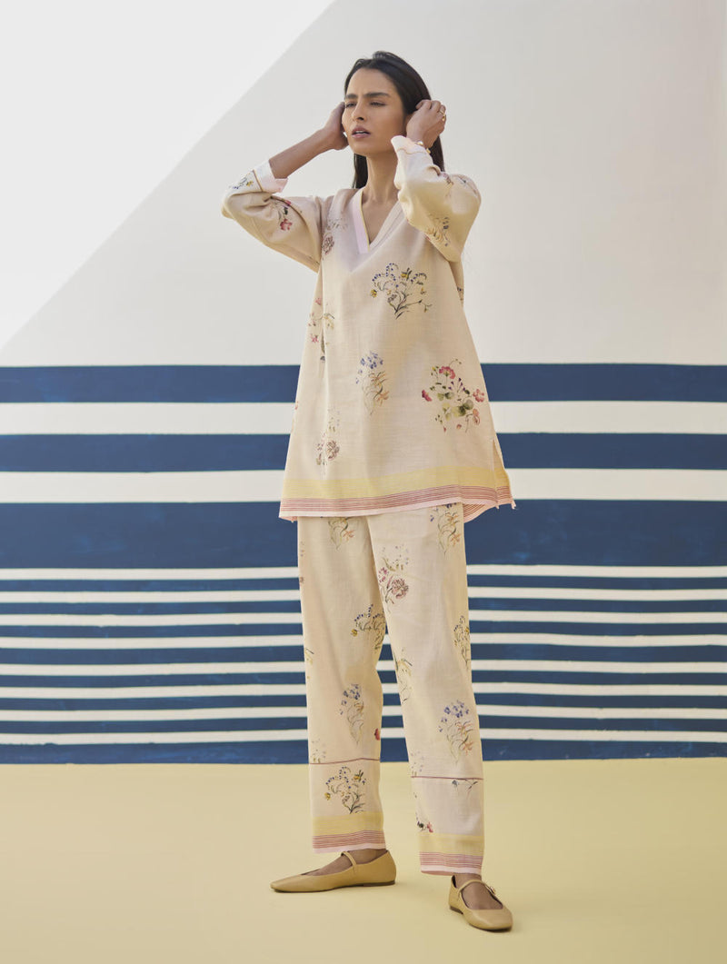 Ema Watercolour Floral Linen Pant - Sand linen by Manan in natural color for women in Singapore