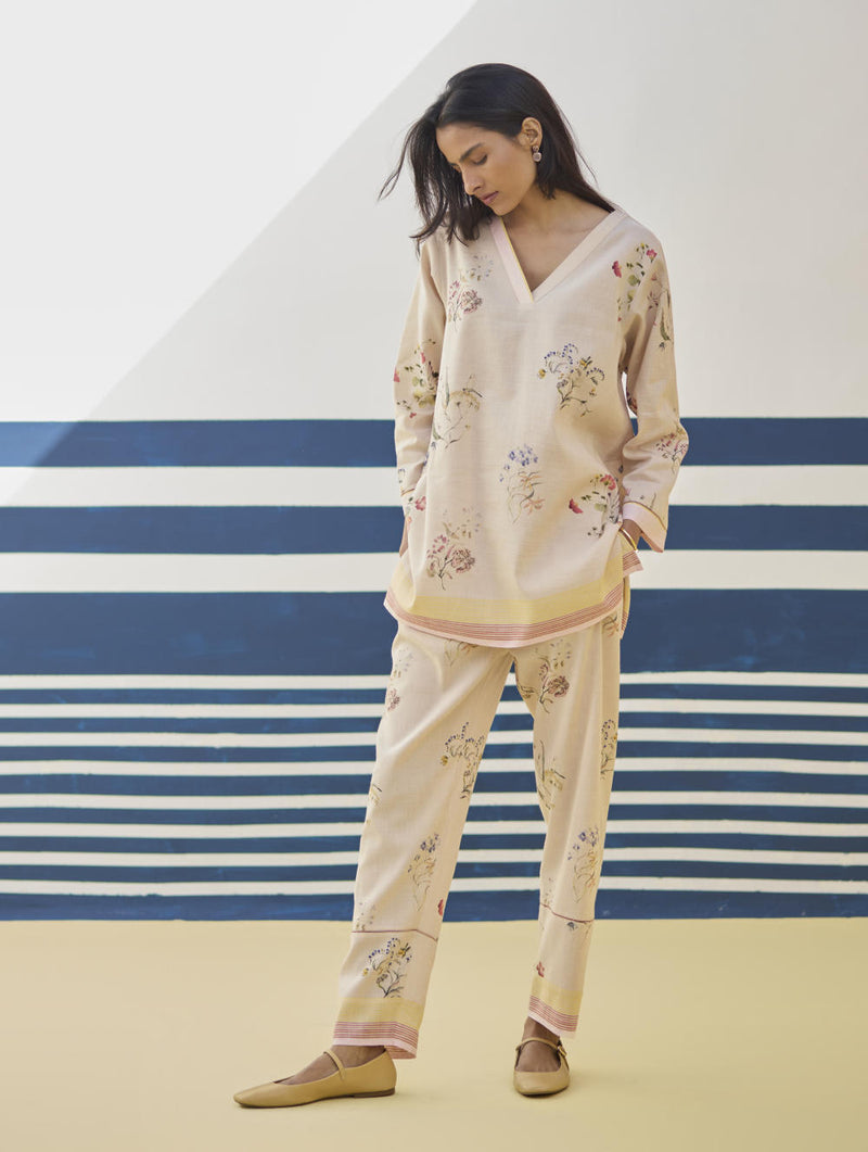 Ema Watercolour Floral Linen Pant - Sand linen by Manan in natural color for women in Singapore