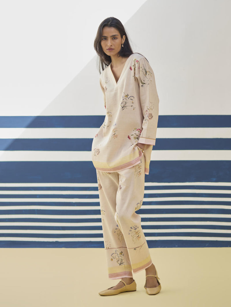 Ema Watercolour Floral Linen Pant - Sand linen by Manan in natural color for women in Singapore