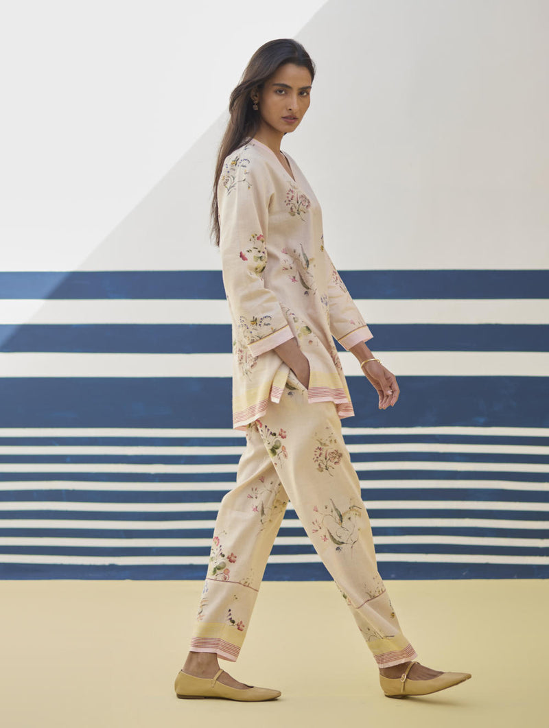 Ema Watercolour Floral Linen Pant - Sand linen by Manan in natural color for women in Singapore