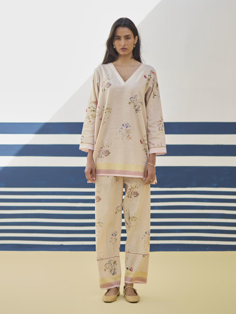 Ema Watercolour Floral Linen Pant - Sand linen by Manan in natural color for women in Singapore