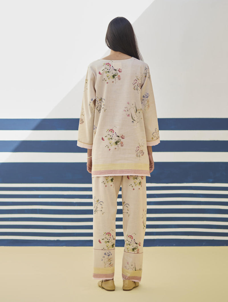Ema Watercolour Floral Linen Pant - Sand linen by Manan in natural color for women in Singapore