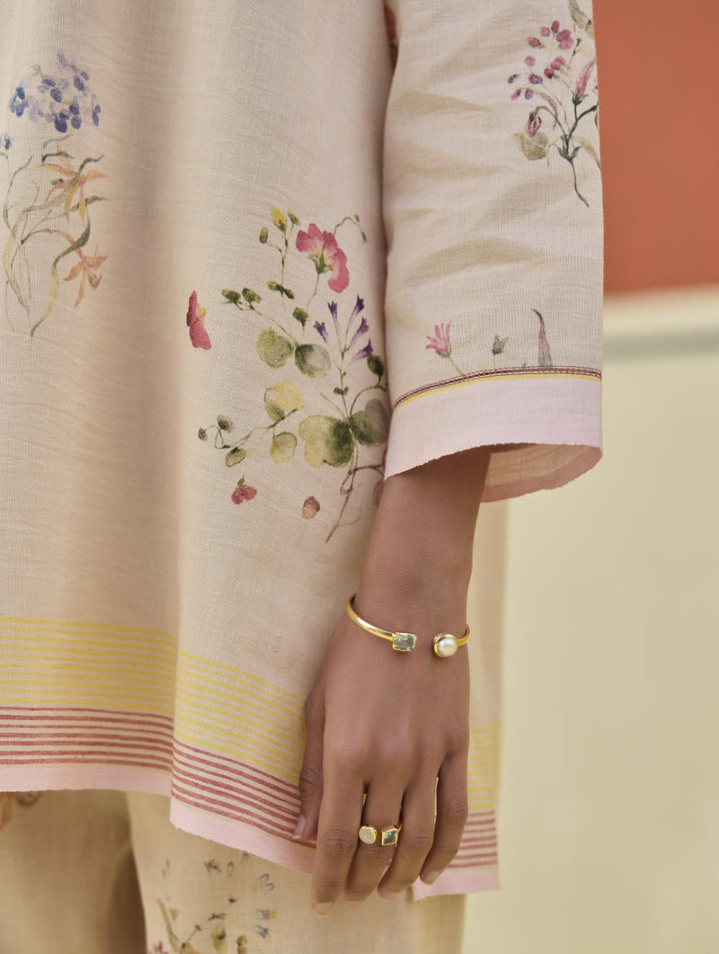 Raha Watercolour Floral Kurta - Sand linen by Manan in natural color for women in Singapore
