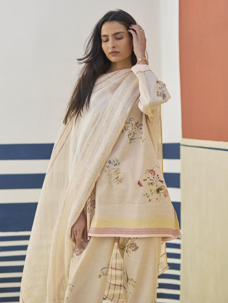 Mana Stripe Handloom Linen Dupatta - Sand linen by Manan in natural color for women in Singapore