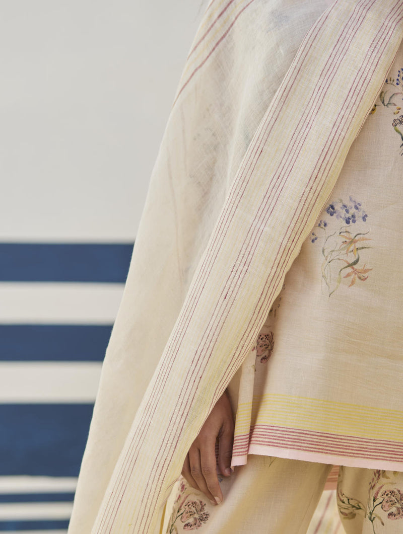 Mana Stripe Handloom Linen Dupatta - Sand linen by Manan in natural color for women in Singapore