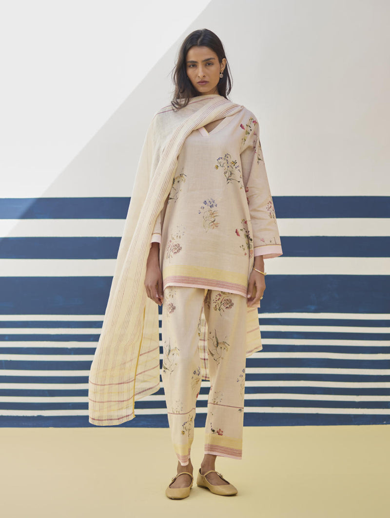 Mana Stripe Handloom Linen Dupatta - Sand linen by Manan in natural color for women in Singapore