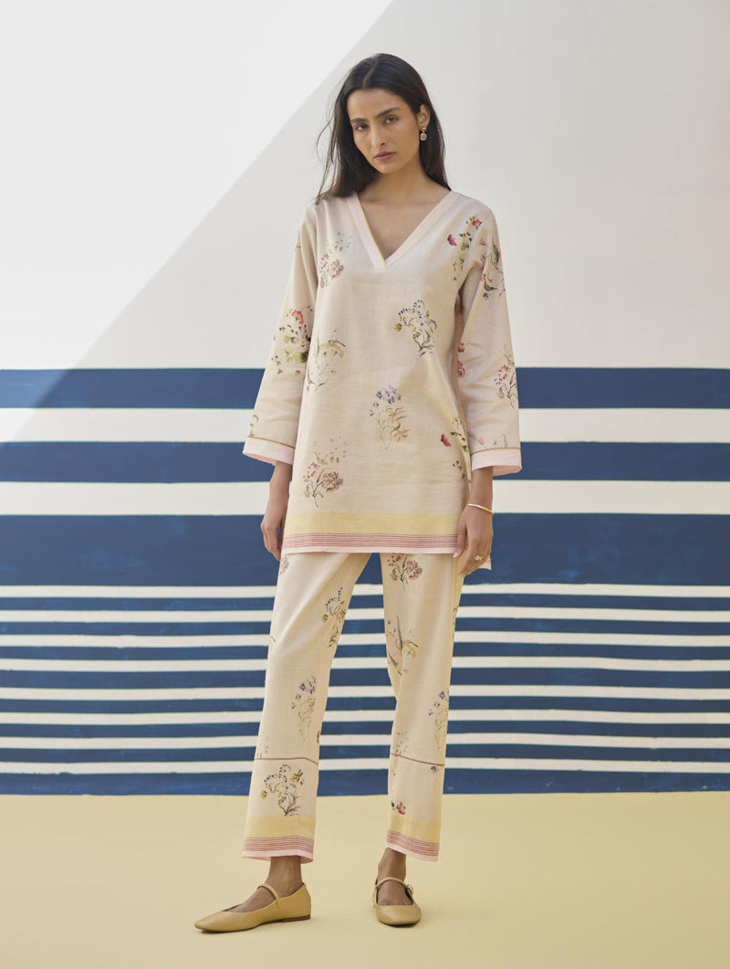 Raha Watercolour Floral Kurta - Sand linen by Manan in natural color for women in Singapore