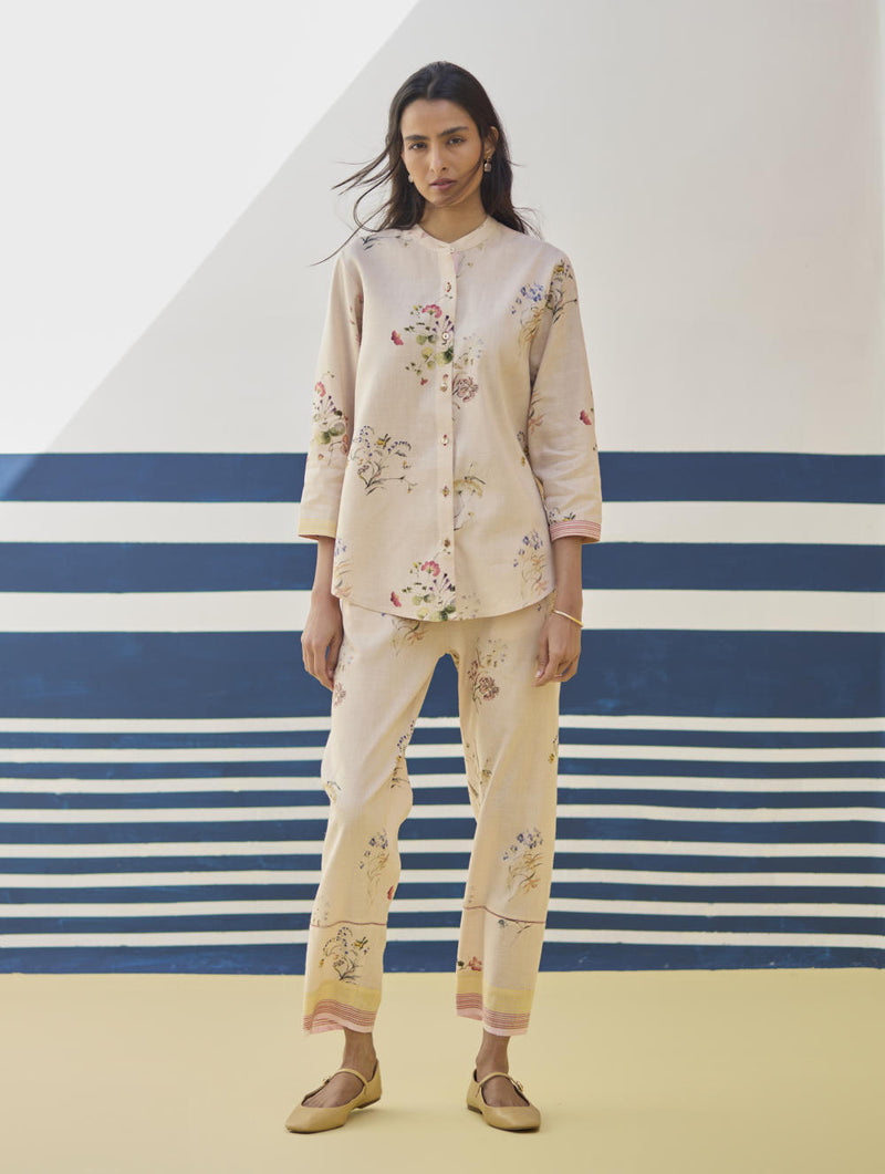 Vani Watercolour Floral Shirt - Sand linen by Manan in natural color for women in Singapore