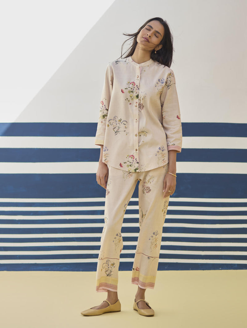 Raha Watercolour Floral Kurta - Sand linen by Manan in natural color for women in Singapore