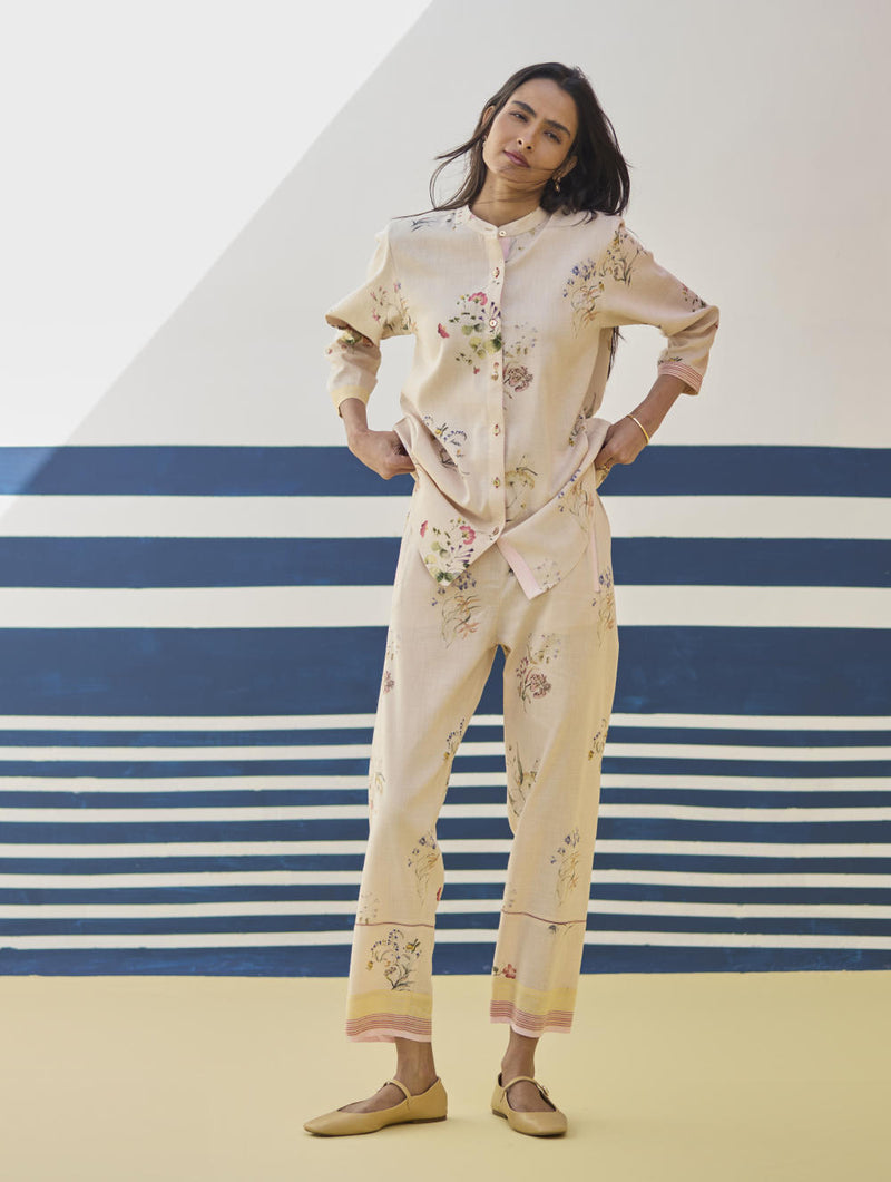 Vani Watercolour Floral Shirt - Sand linen by Manan in natural color for women in Singapore