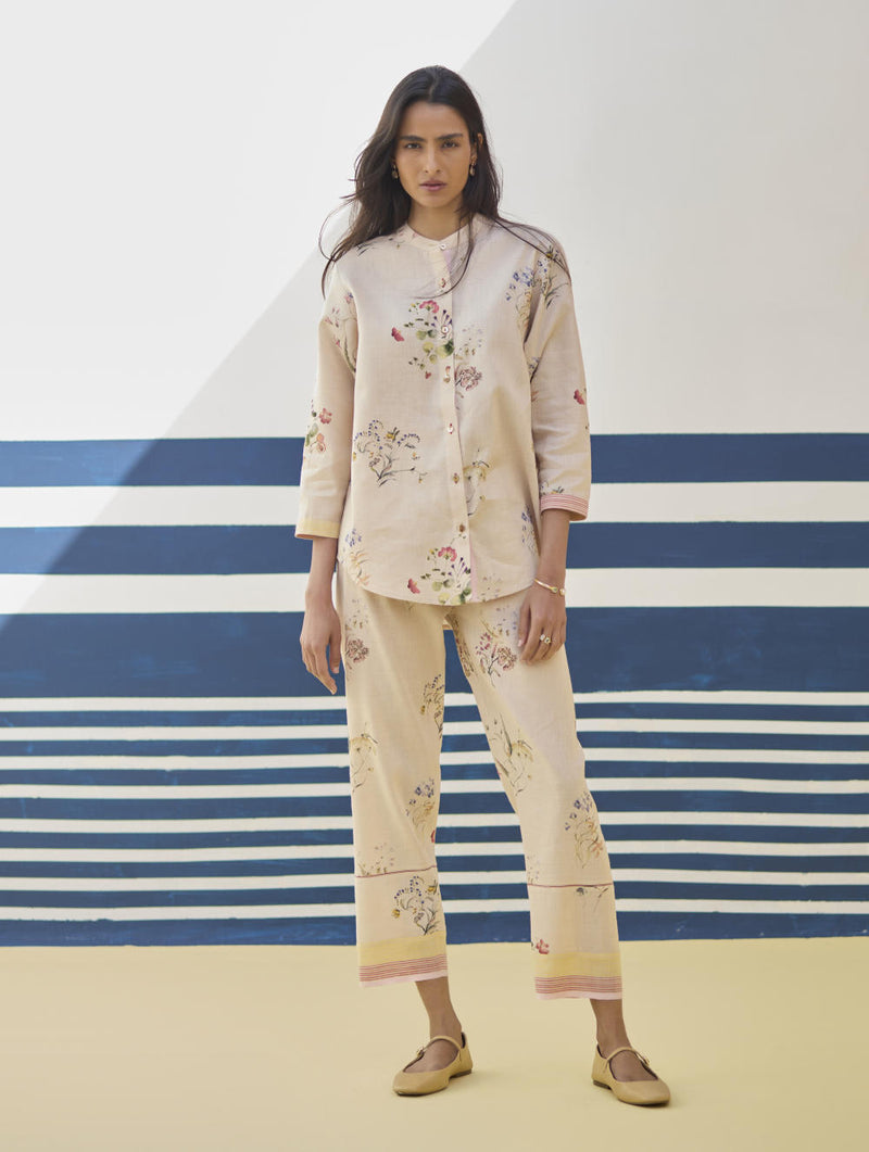 Raha Watercolour Floral Kurta - Sand linen by Manan in natural color for women in Singapore
