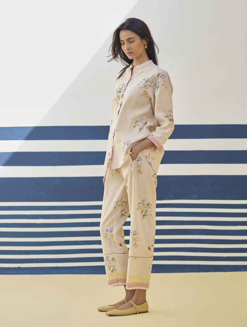 Vani Watercolour Floral Shirt - Sand linen by Manan in natural color for women in Singapore