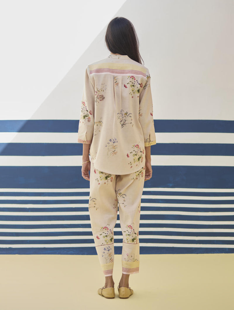 Vani Watercolour Floral Shirt - Sand linen by Manan in natural color for women in Singapore