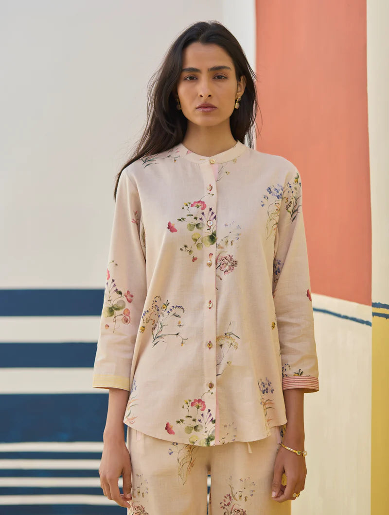 Vani Watercolour Floral Co-ord Set
-Sand linen by Manan in natural color for women in Singapore