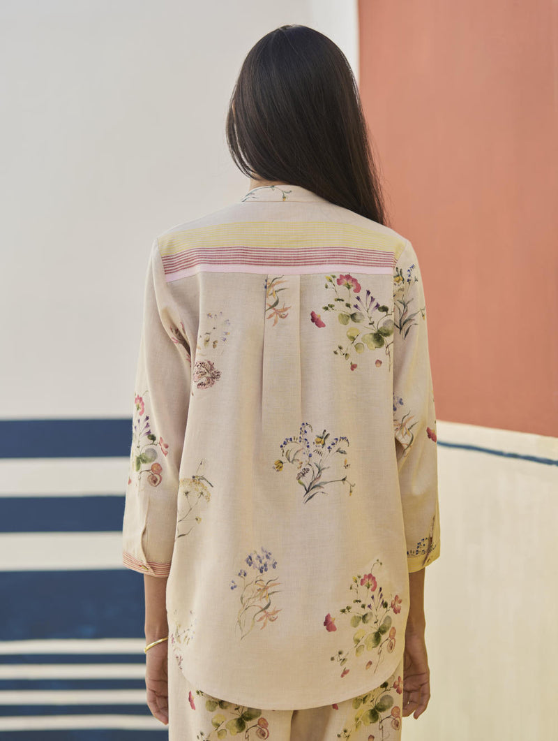 Vani Watercolour Floral Shirt - Sand linen by Manan in natural color for women in Singapore