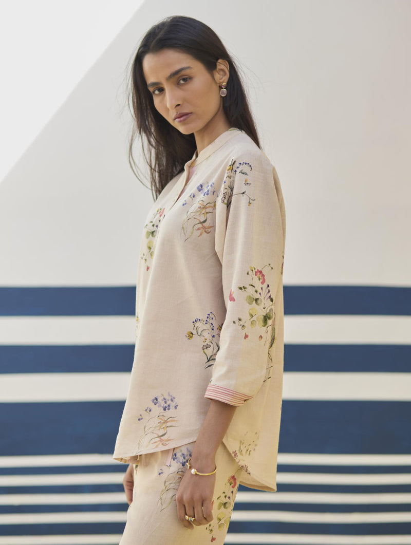 Vani Watercolour Floral Shirt - Sand linen by Manan in natural color for women in Singapore