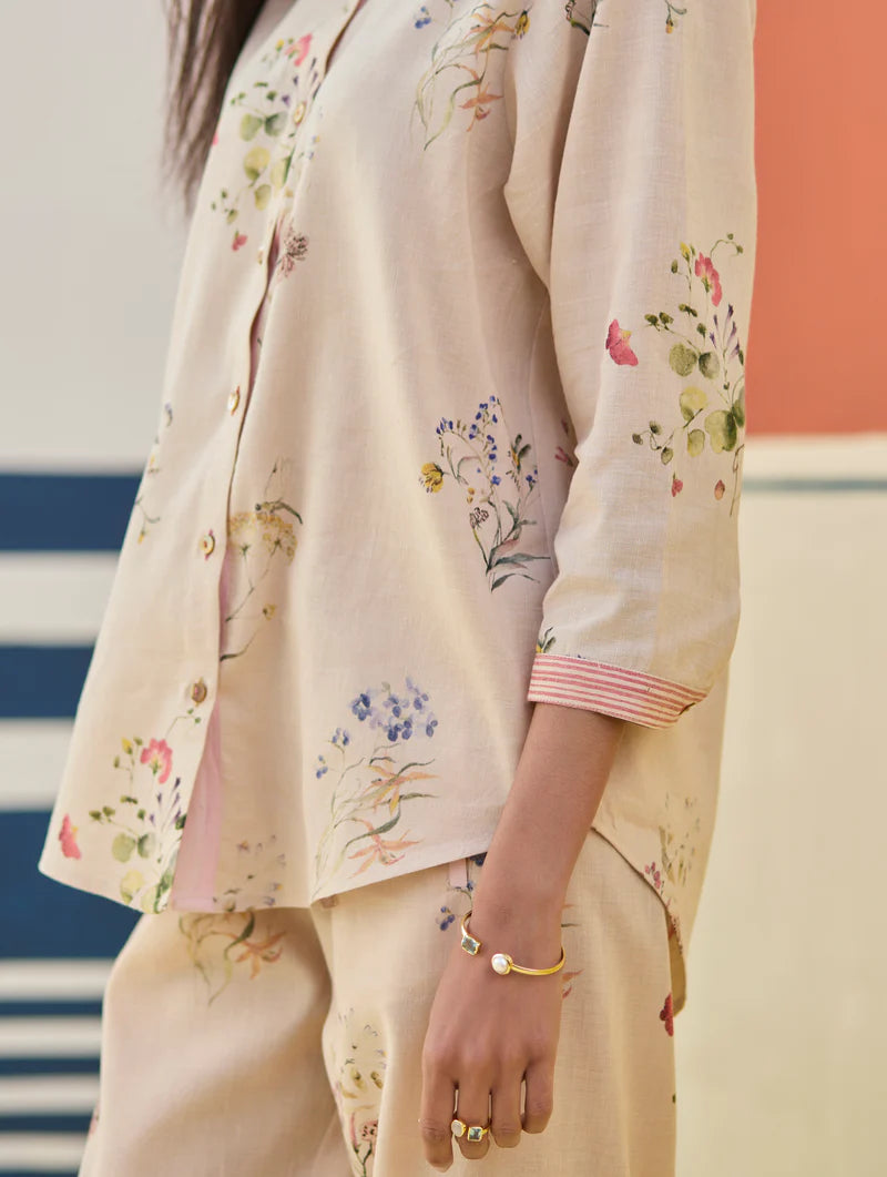 Vani Watercolour Floral Co-ord Set
-Sand linen by Manan in natural color for women in Singapore