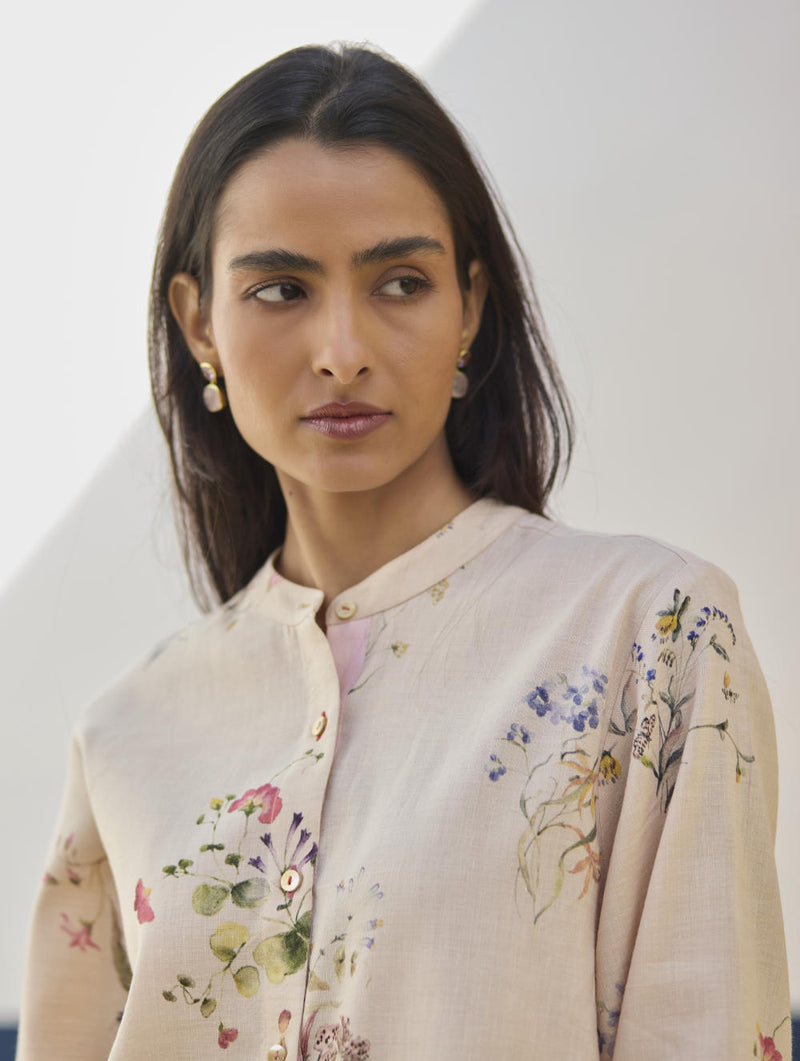 Vani Watercolour Floral Shirt - Sand linen by Manan in natural color for women in Singapore