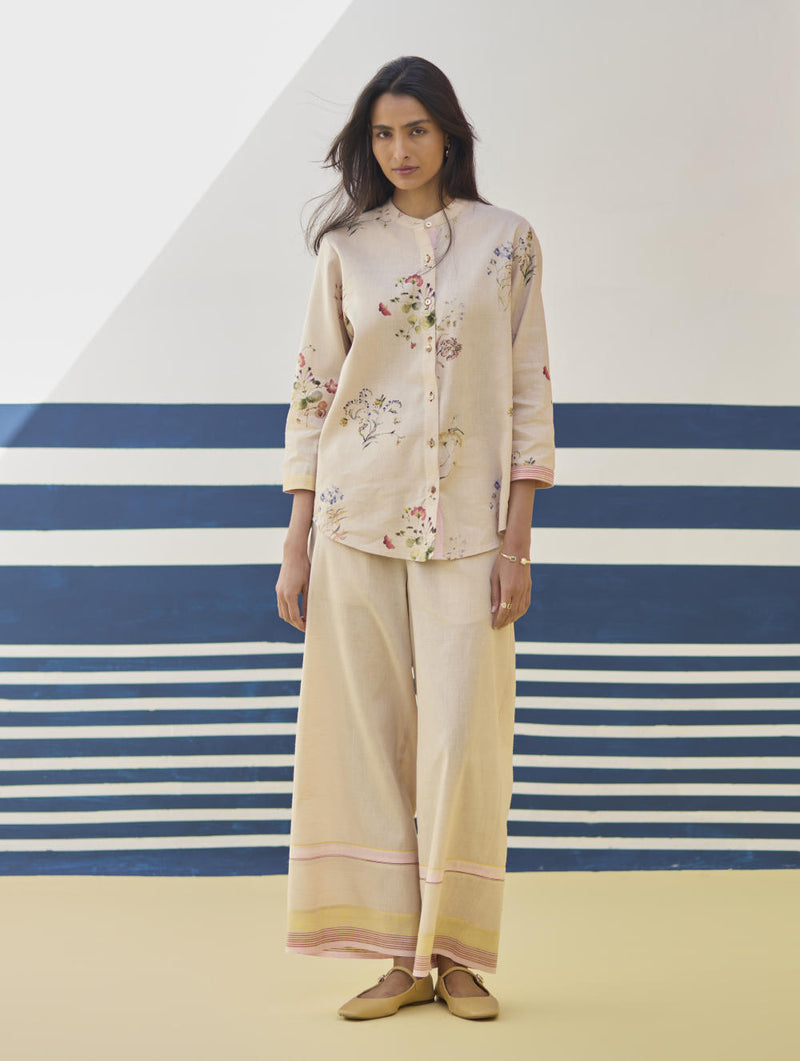 Lyla Stripe Border Pant - Sand linen by Manan in natural color for women in Singapore