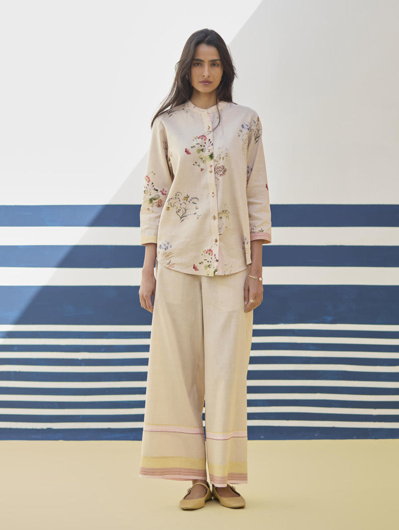 Lyla Stripe Border Pant - Sand linen by Manan in natural color for women in Singapore