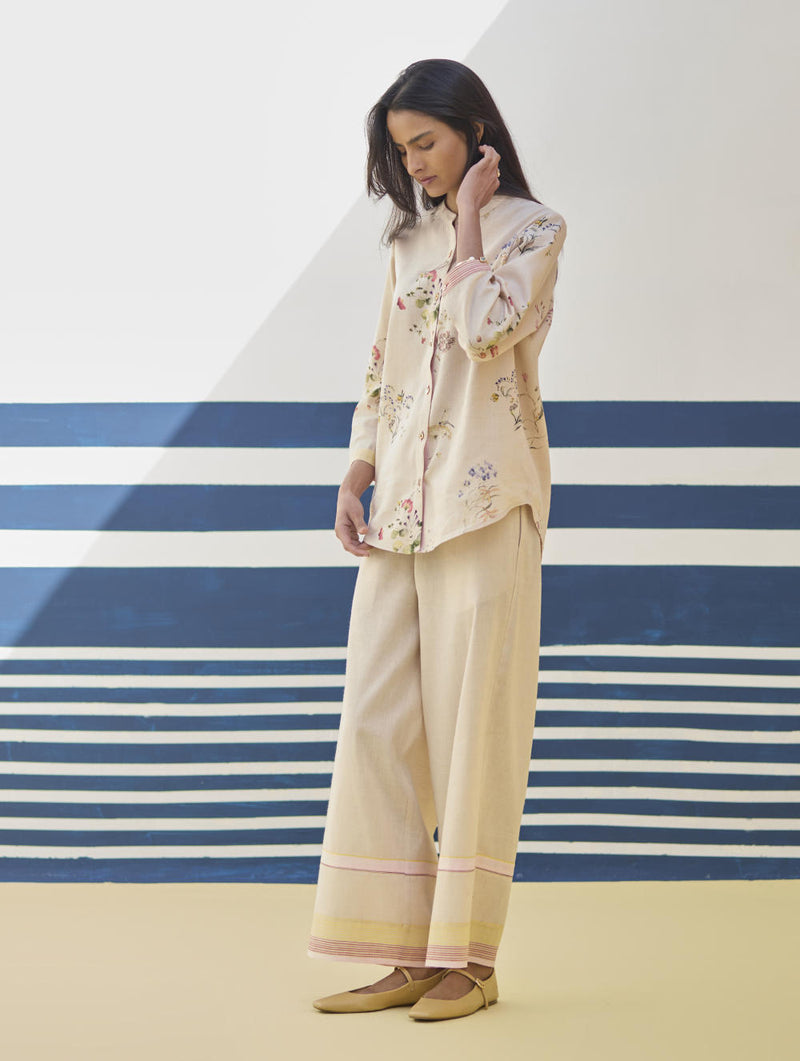 Lyla Stripe Border Pant - Sand linen by Manan in natural color for women in Singapore