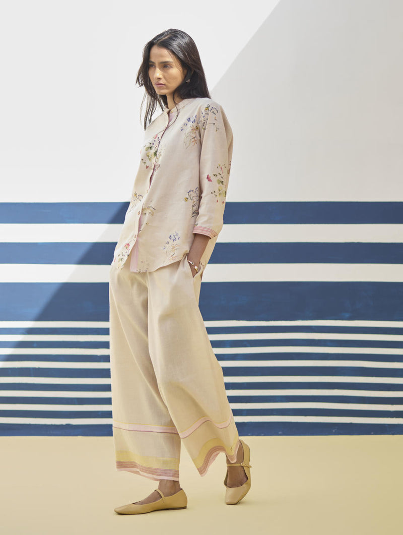 Lyla Stripe Border Pant - Sand linen by Manan in natural color for women in Singapore