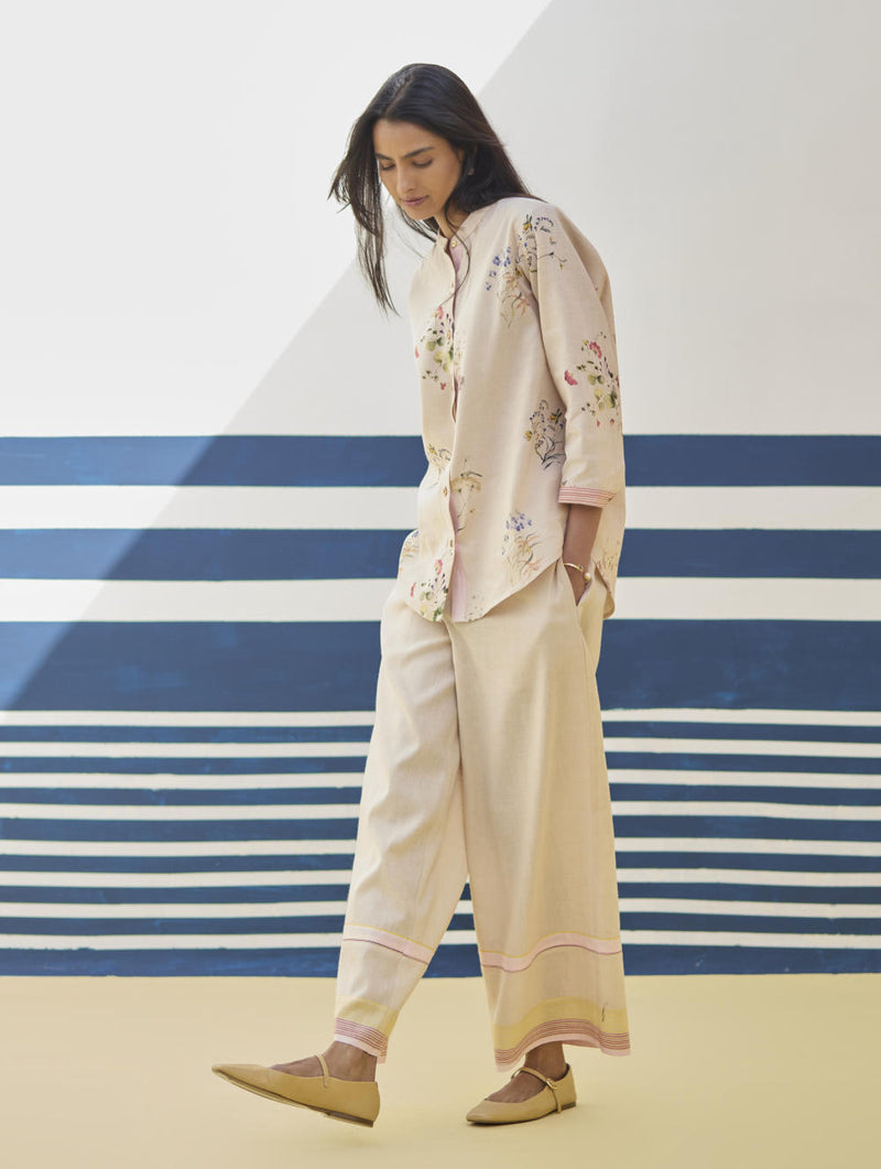 Lyla Stripe Border Pant - Sand linen by Manan in natural color for women in Singapore
