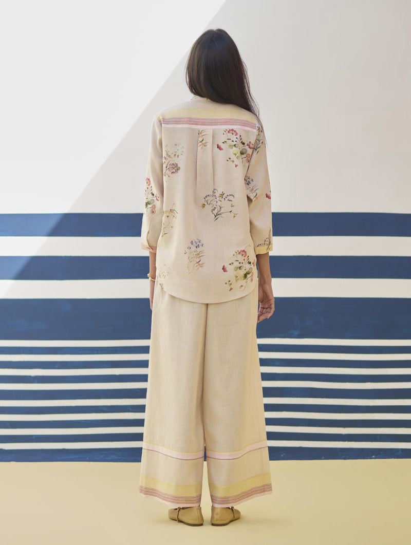 Lyla Stripe Border Pant - Sand linen by Manan in natural color for women in Singapore