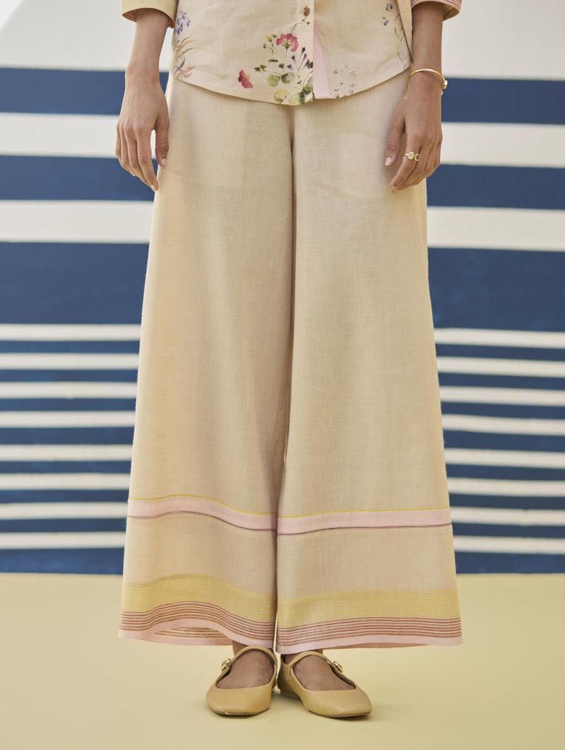 Lyla Stripe Border Pant - Sand linen by Manan in natural color for women in Singapore