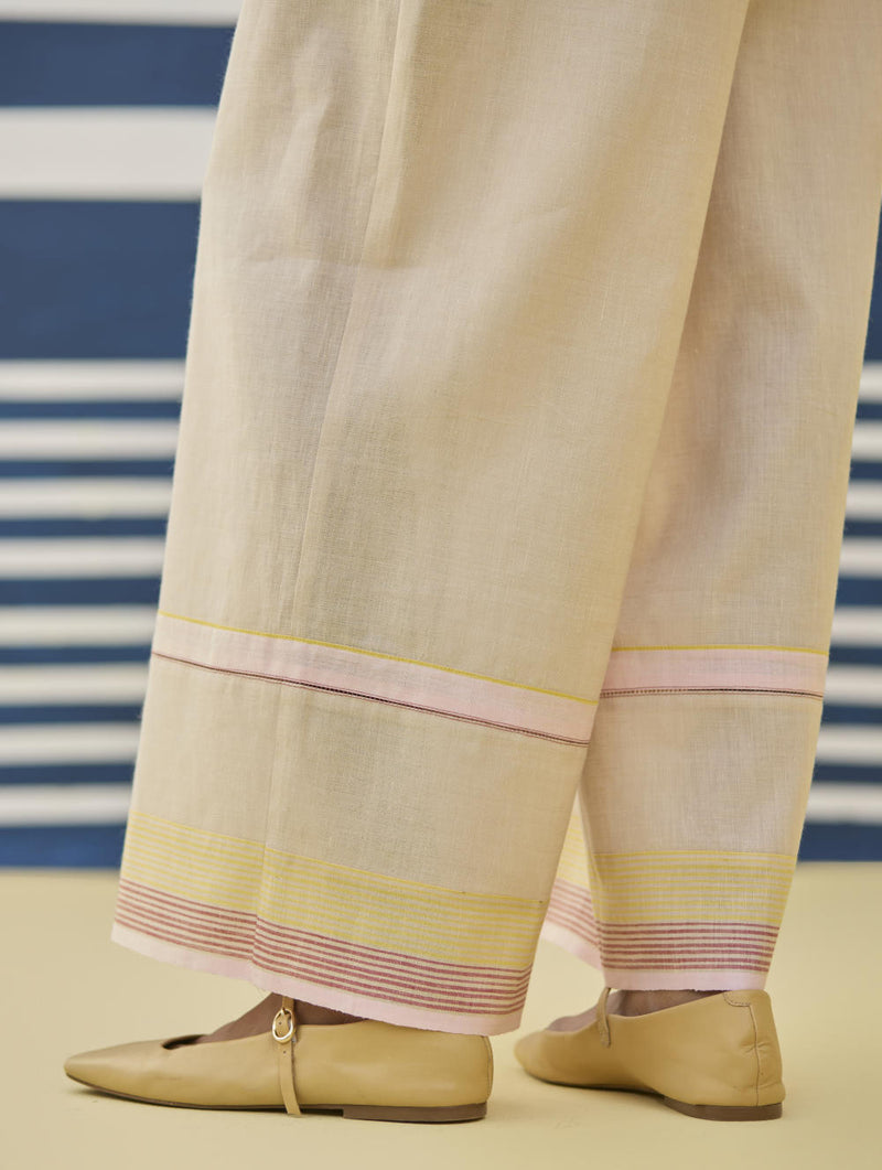 Lyla Stripe Border Pant - Sand linen by Manan in natural color for women in Singapore