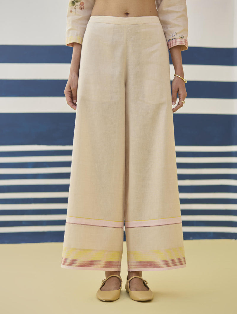 Lyla Stripe Border Pant - Sand linen by Manan in natural color for women in Singapore