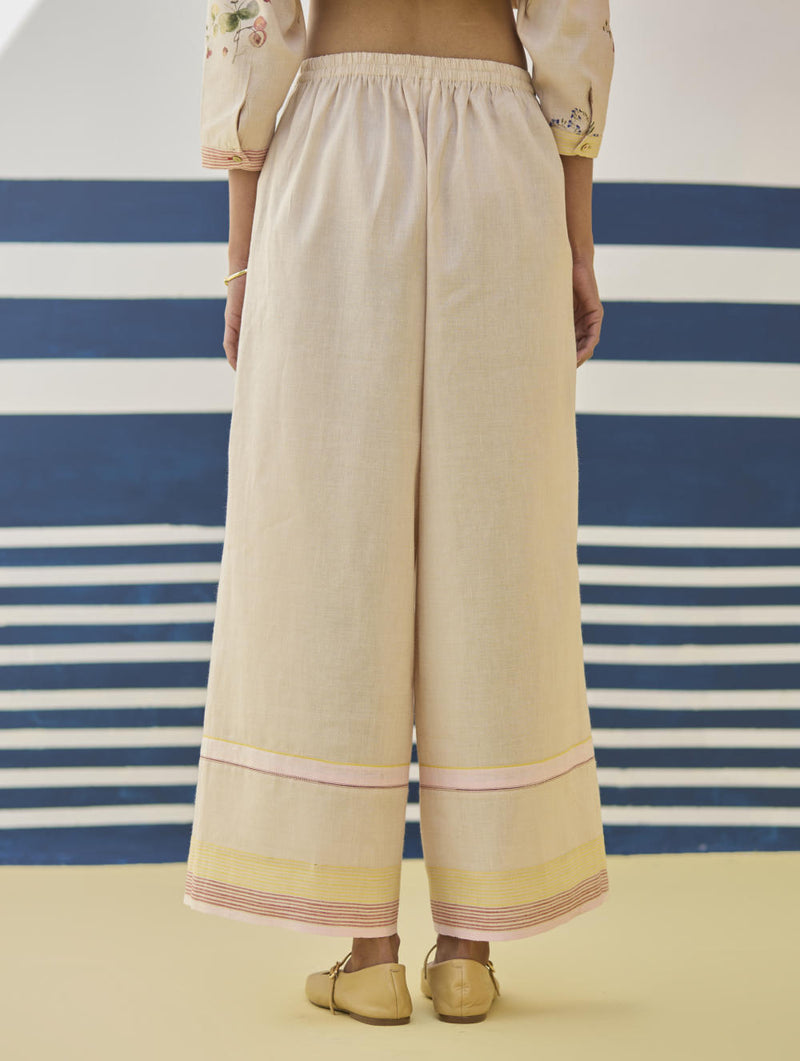 Lyla Stripe Border Pant - Sand linen by Manan in natural color for women in Singapore