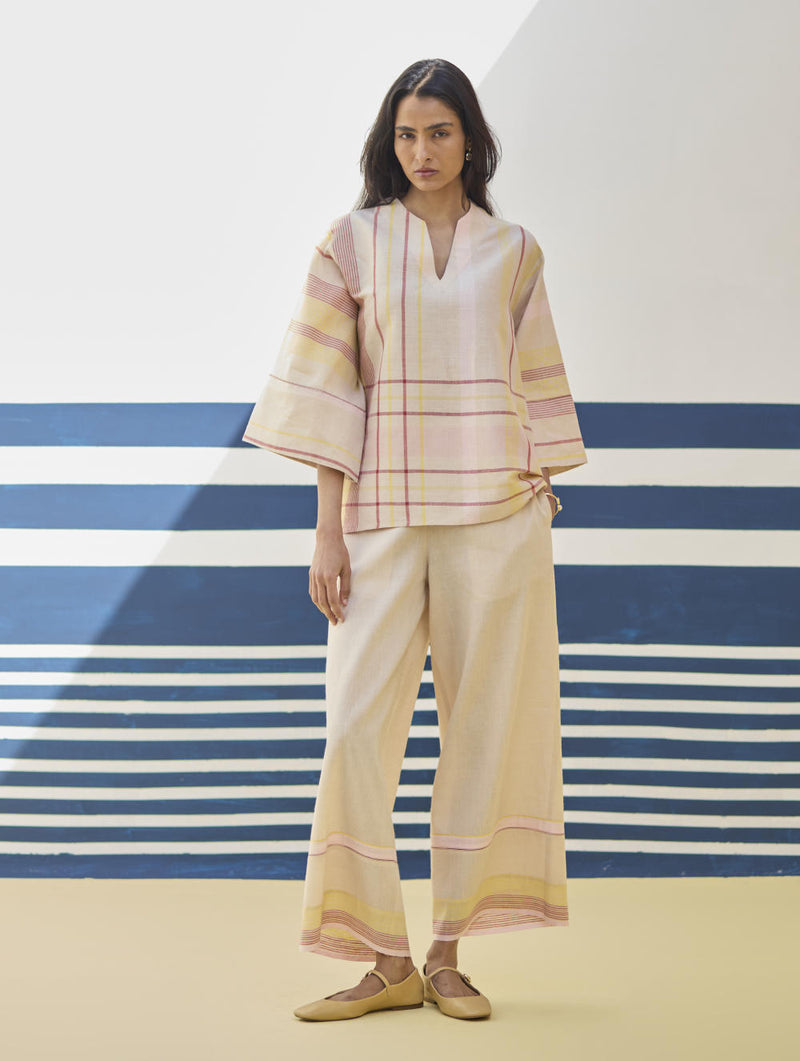 Lyla Stripe Border Pant - Sand linen by Manan in natural color for women in Singapore