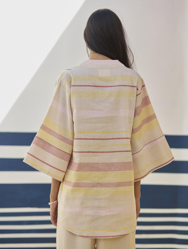Kira Check Linen Top - Sand linen by Manan in natural color for women in Singapore