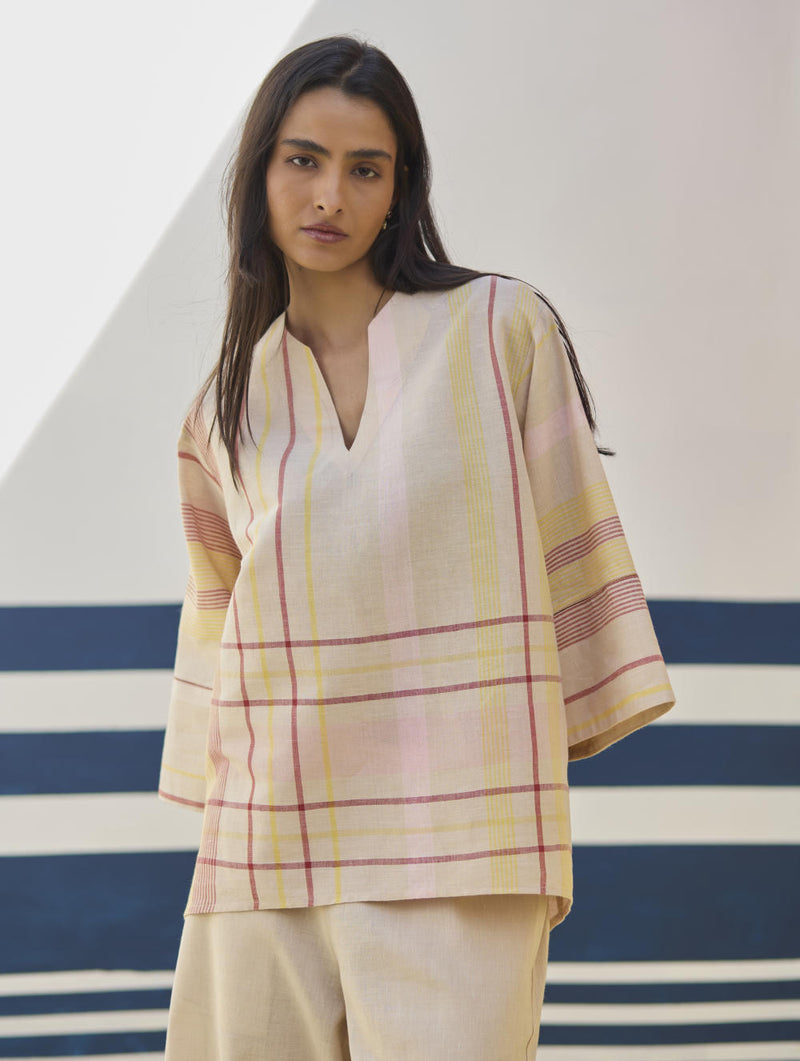 Kira Check Linen Top - Sand linen by Manan in natural color for women in Singapore
