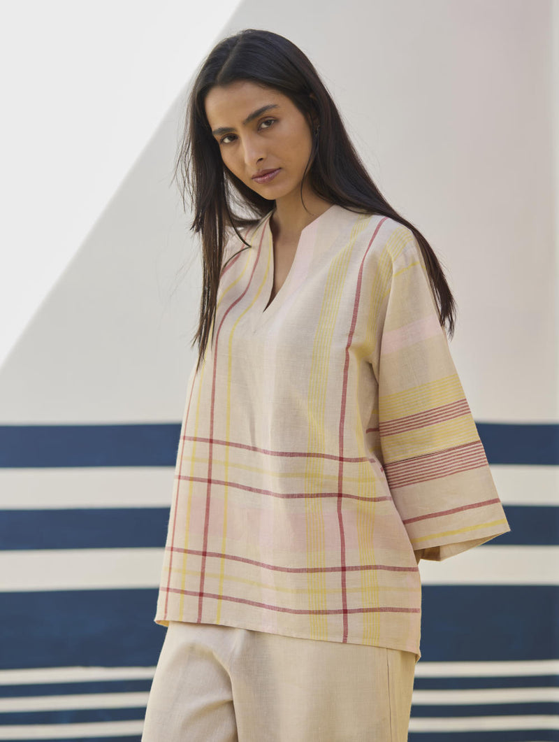 Kira Check Linen Top - Sand linen by Manan in natural color for women in Singapore