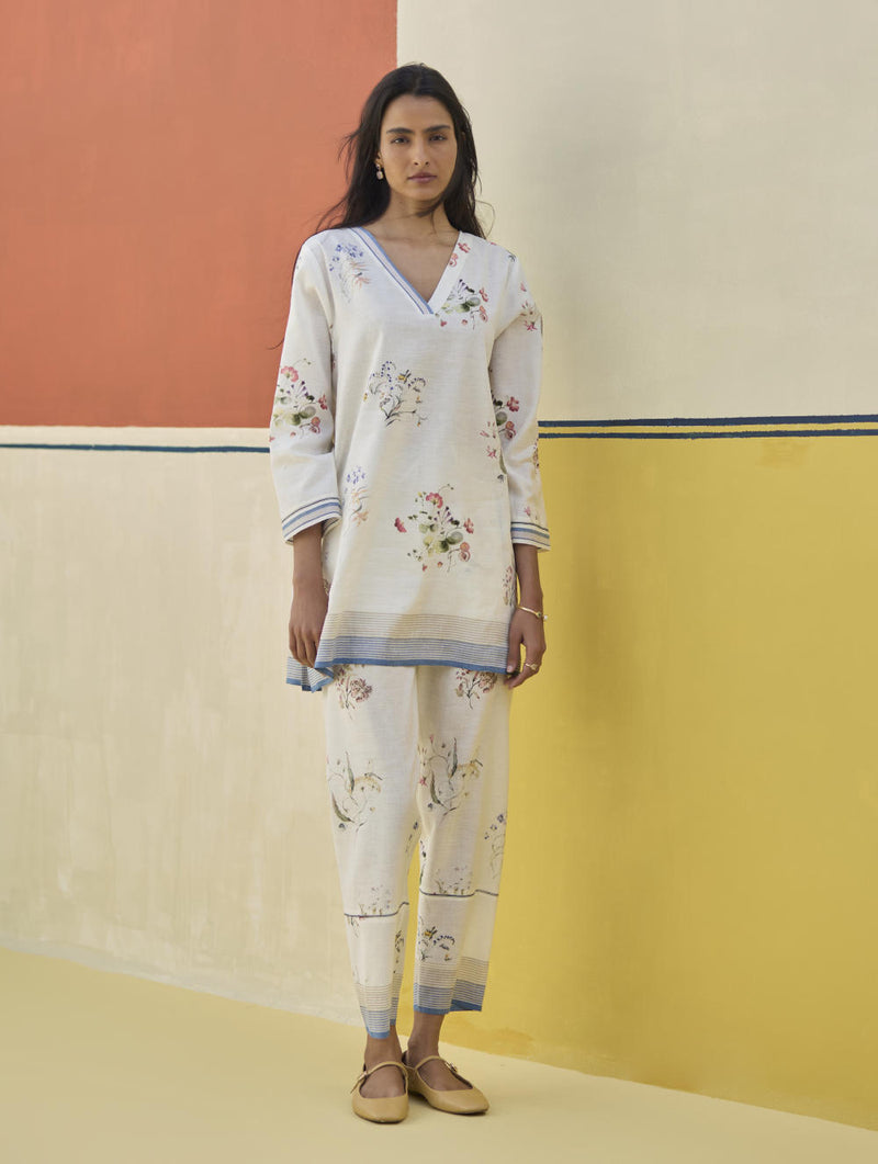 Raha Watercolour Floral Kurta - Ivory linen by Manan in ivory color for women in Singapore
