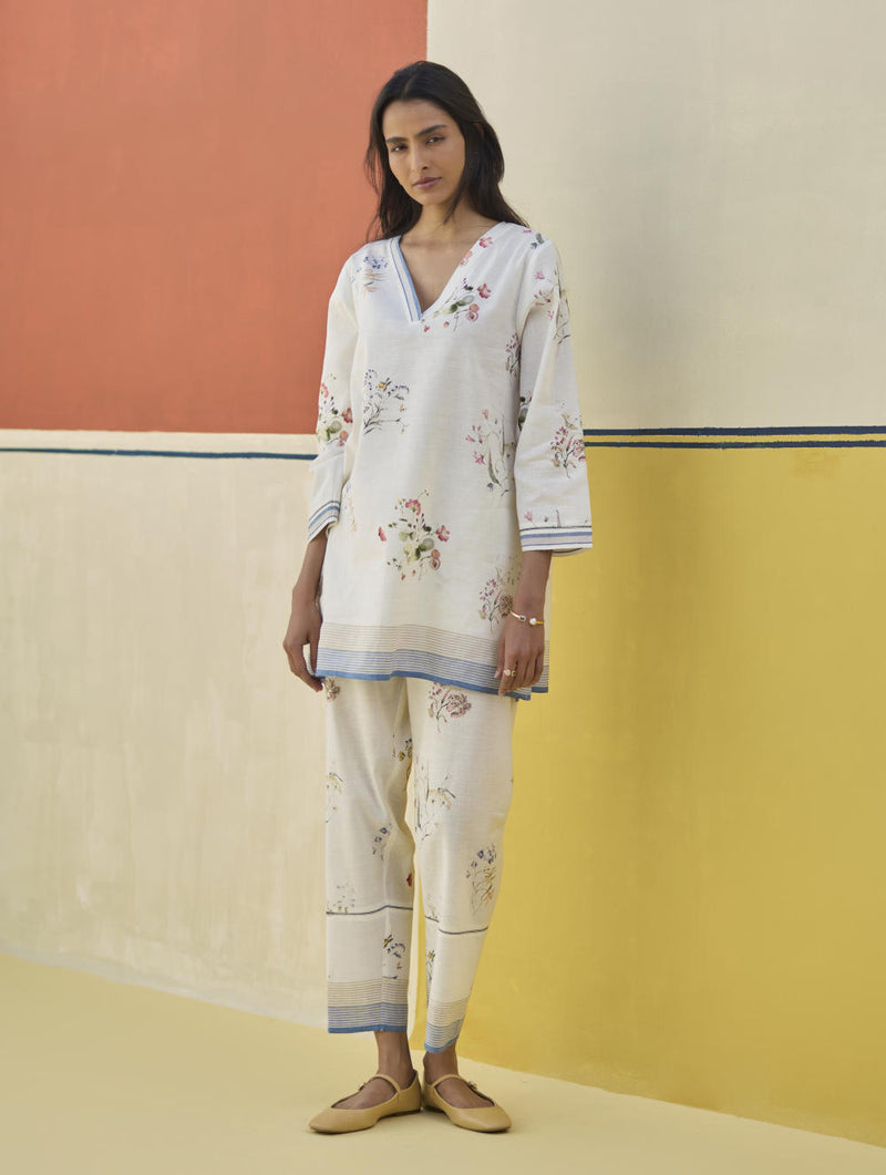 Raha Watercolour Floral Kurta - Ivory linen by Manan in ivory color for women in Singapore