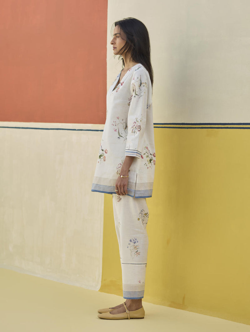 Raha Watercolour Floral Kurta - Ivory linen by Manan in ivory color for women in Singapore