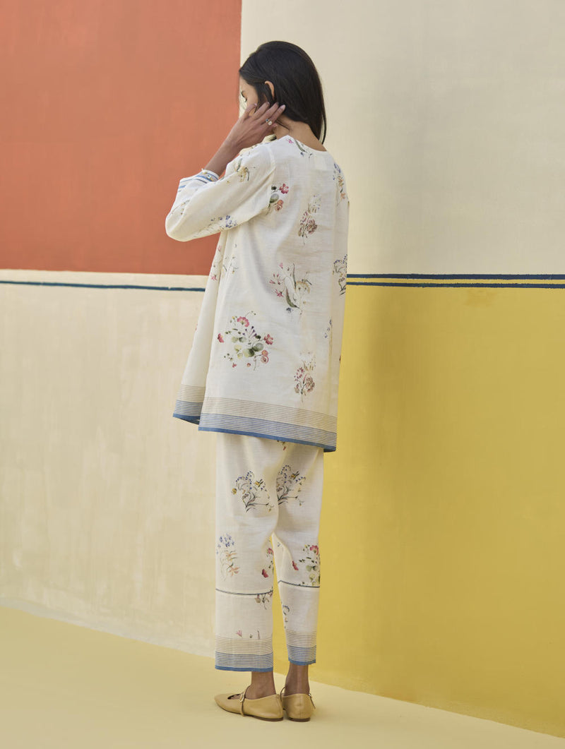 Raha Watercolour Floral Kurta - Ivory linen by Manan in ivory color for women in Singapore