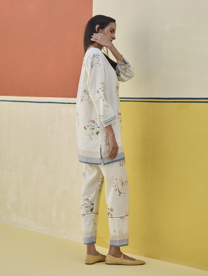 Raha Watercolour Floral Kurta - Ivory linen by Manan in ivory color for women in Singapore