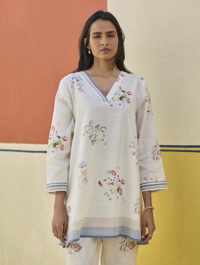 Raha Watercolour Floral Kurta - Ivory linen by Manan in ivory color for women in Singapore