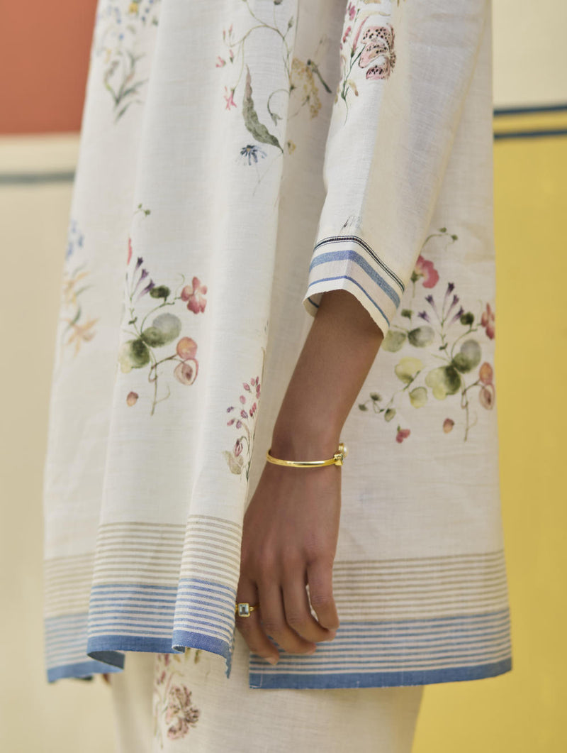 Raha Watercolour Floral Kurta - Ivory linen by Manan in ivory color for women in Singapore