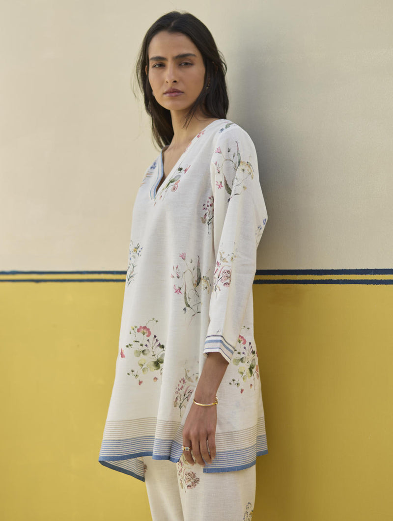 Raha Watercolour Floral Kurta - Ivory linen by Manan in ivory color for women in Singapore