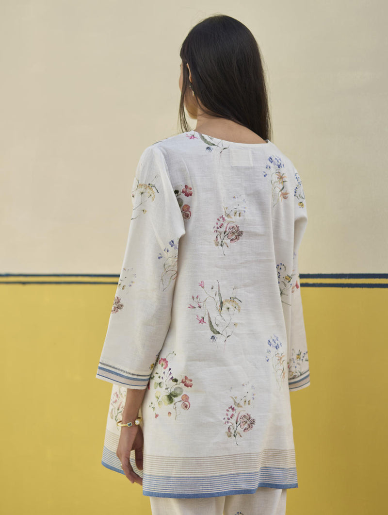 Raha Watercolour Floral Kurta - Ivory linen by Manan in ivory color for women in Singapore
