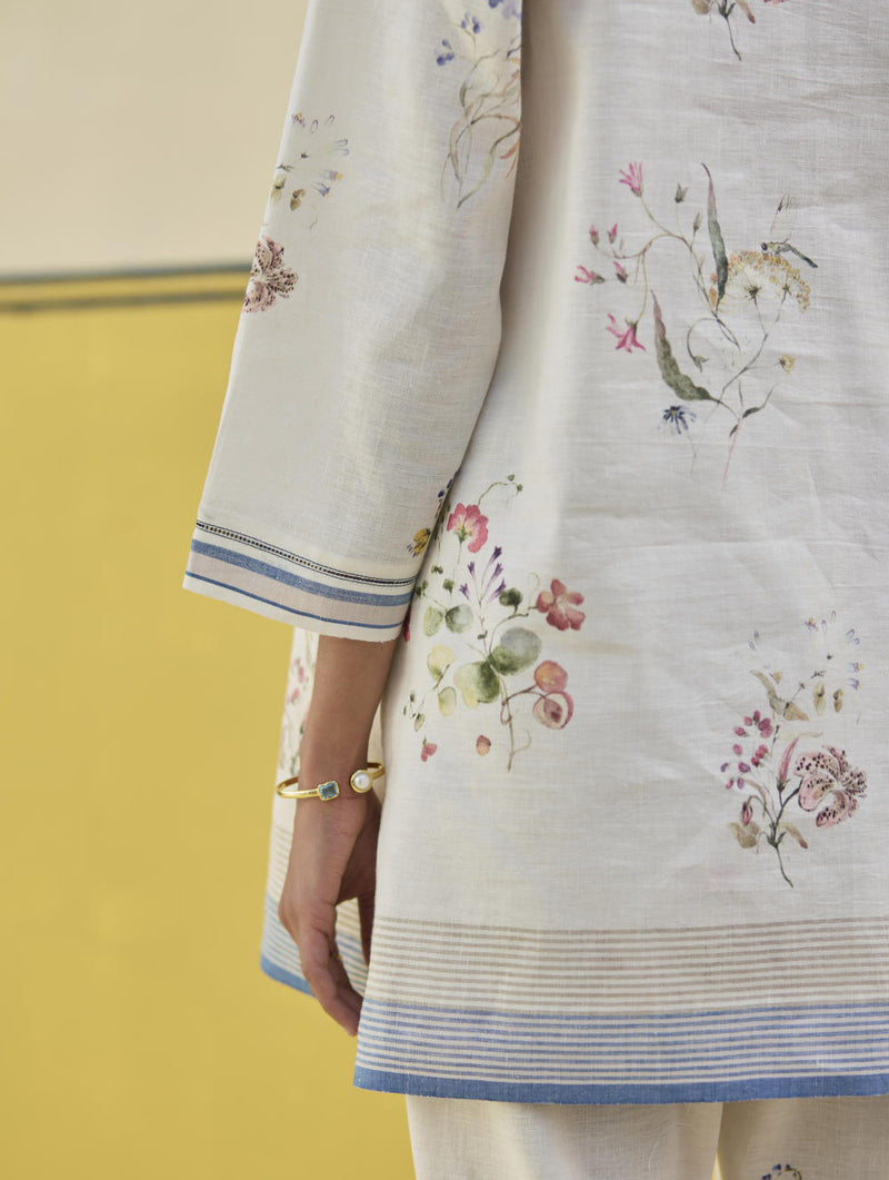 Raha Watercolour Floral Kurta - Ivory linen by Manan in ivory color for women in Singapore