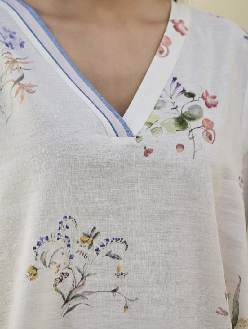Raha Watercolour Floral Kurta - Ivory linen by Manan in ivory color for women in Singapore